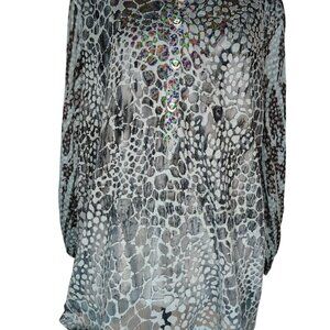 Ali Miles 1X Blue Leopard Print Tunic Top, 1/4 Button, Roll Tab Sleeve, Lace Hem
